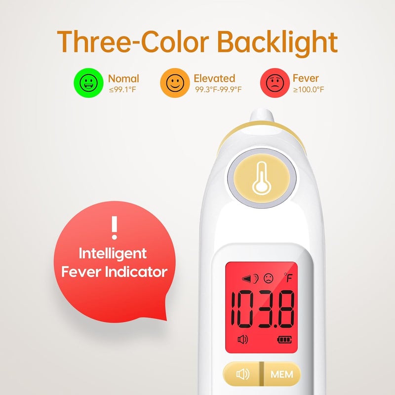 Femometer Ear Thermometer, Highly Accurate Ear Thermometer for Kids, Adults and Babies, 30 Memory Recall, 1s Result and 3-Color Fever Alert, with 24 Disposable Probe Covers, Yellow - Image 2